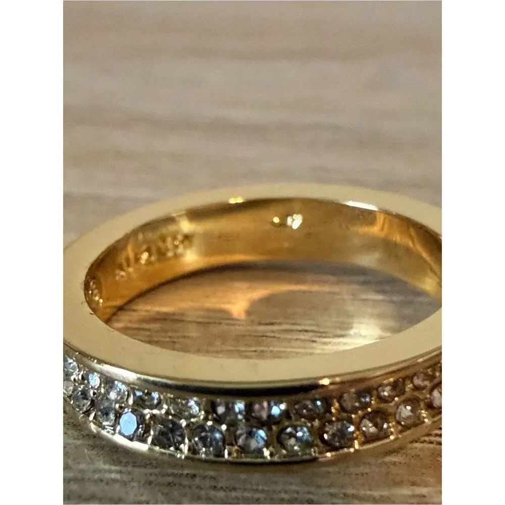 Tory Burch Crystal Miller Logo Ring Gold Tone Pave Size 7